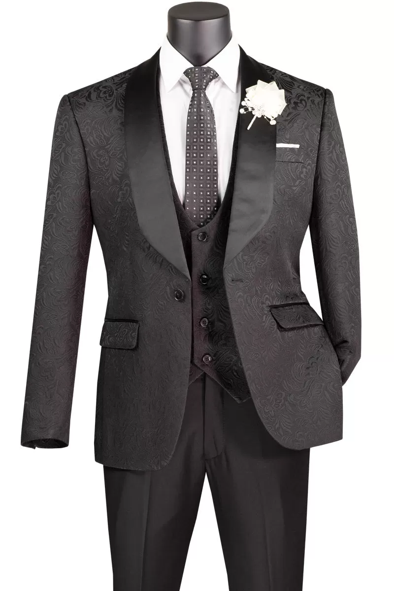 Black Jaquard Three Piece Slim Fit Tuxedo