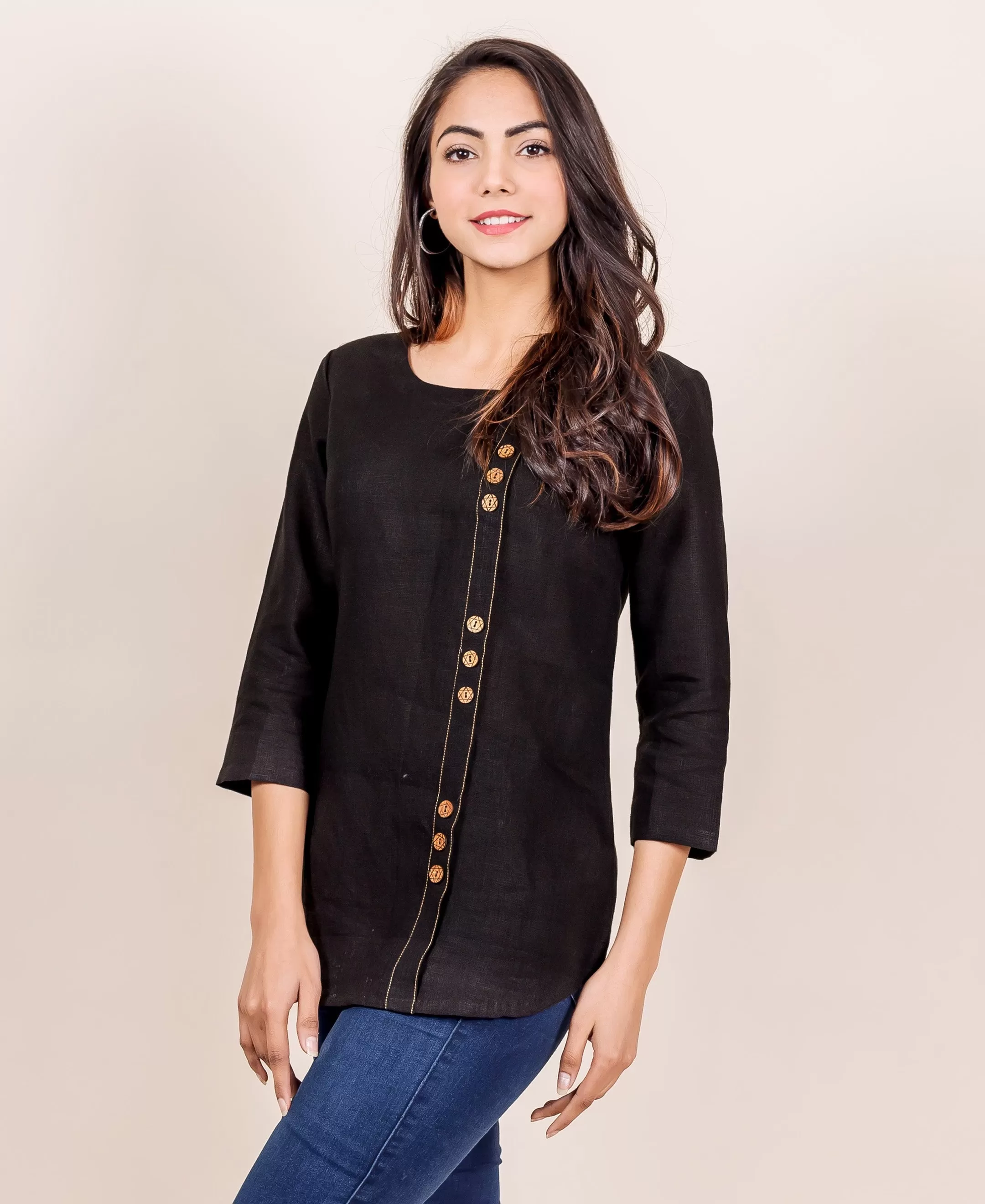 Black Linen Top with Stitch Line