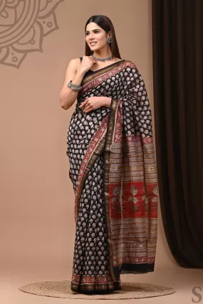 Black Maheshwari Bagru Print Saree