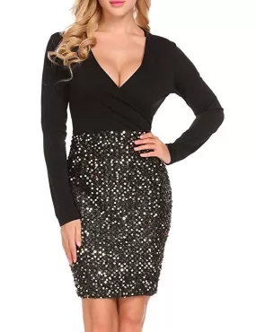 Black Sequin Skirt Surplice Dress