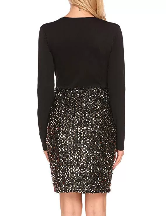 Black Sequin Skirt Surplice Dress