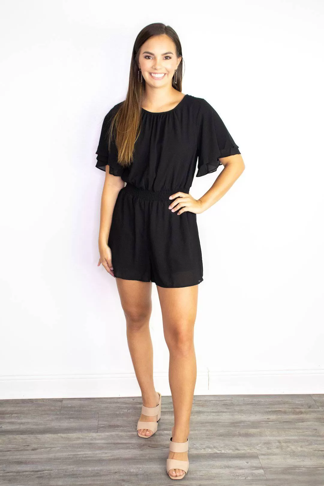 Black Smocked Waistband Romper