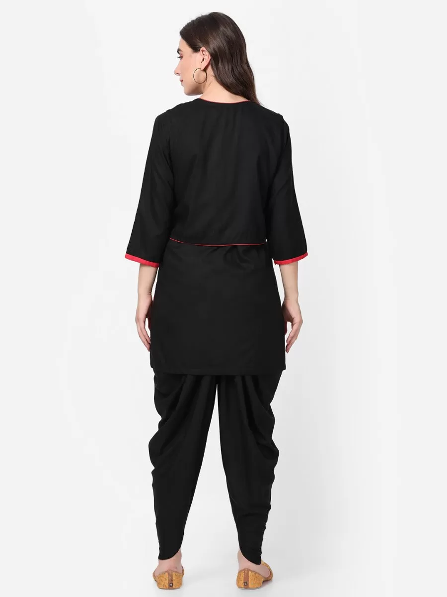 Black Solid Kurta Jacket With Cowl Pant