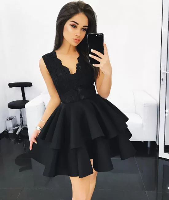 Black v neck lace short prom dress, homecoming dress