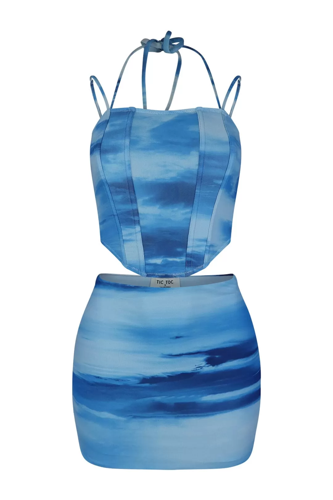 Bleu Print Mesh Halter Corset & Skirt SET