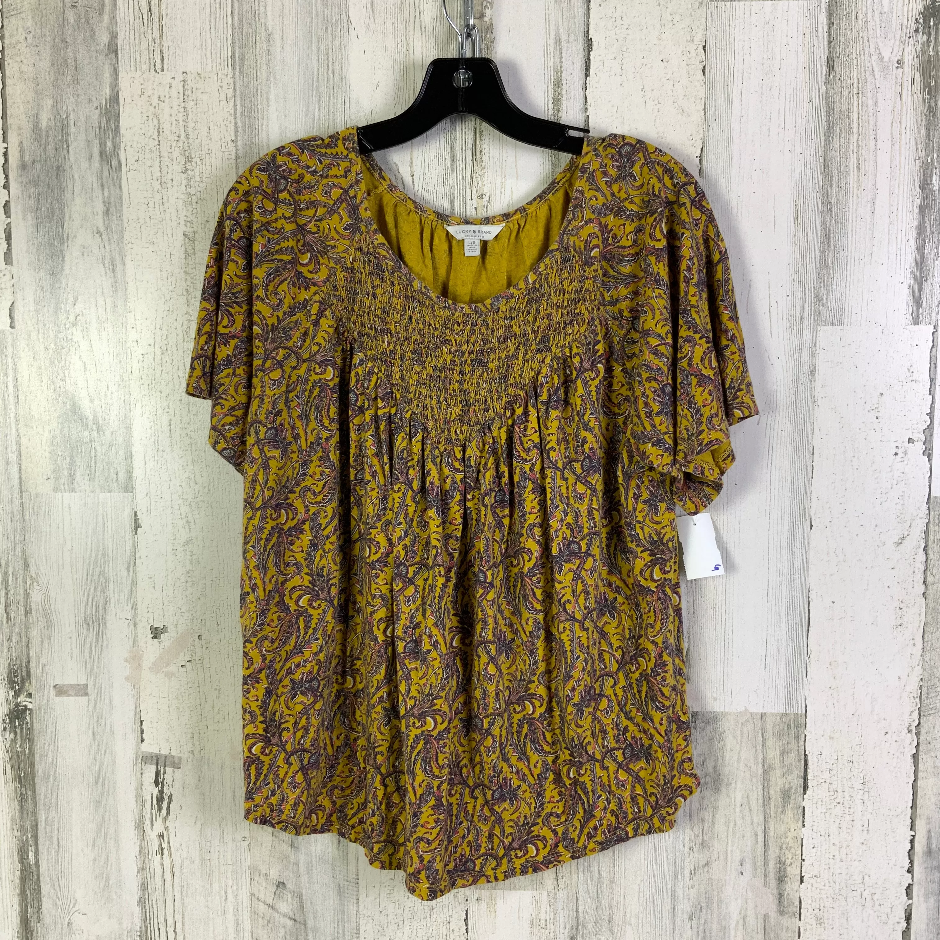 Blouse Short Sleeve By Lucky Brand In Blue & Yellow, Size: L