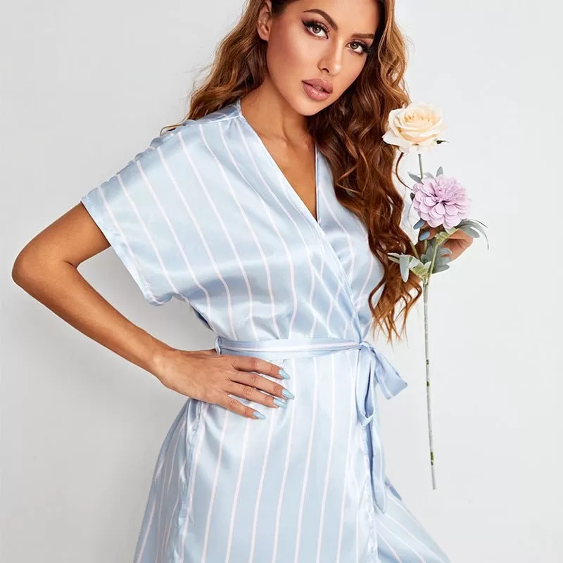 Blue and White Vertical Stripe Wrap Pajama Dress