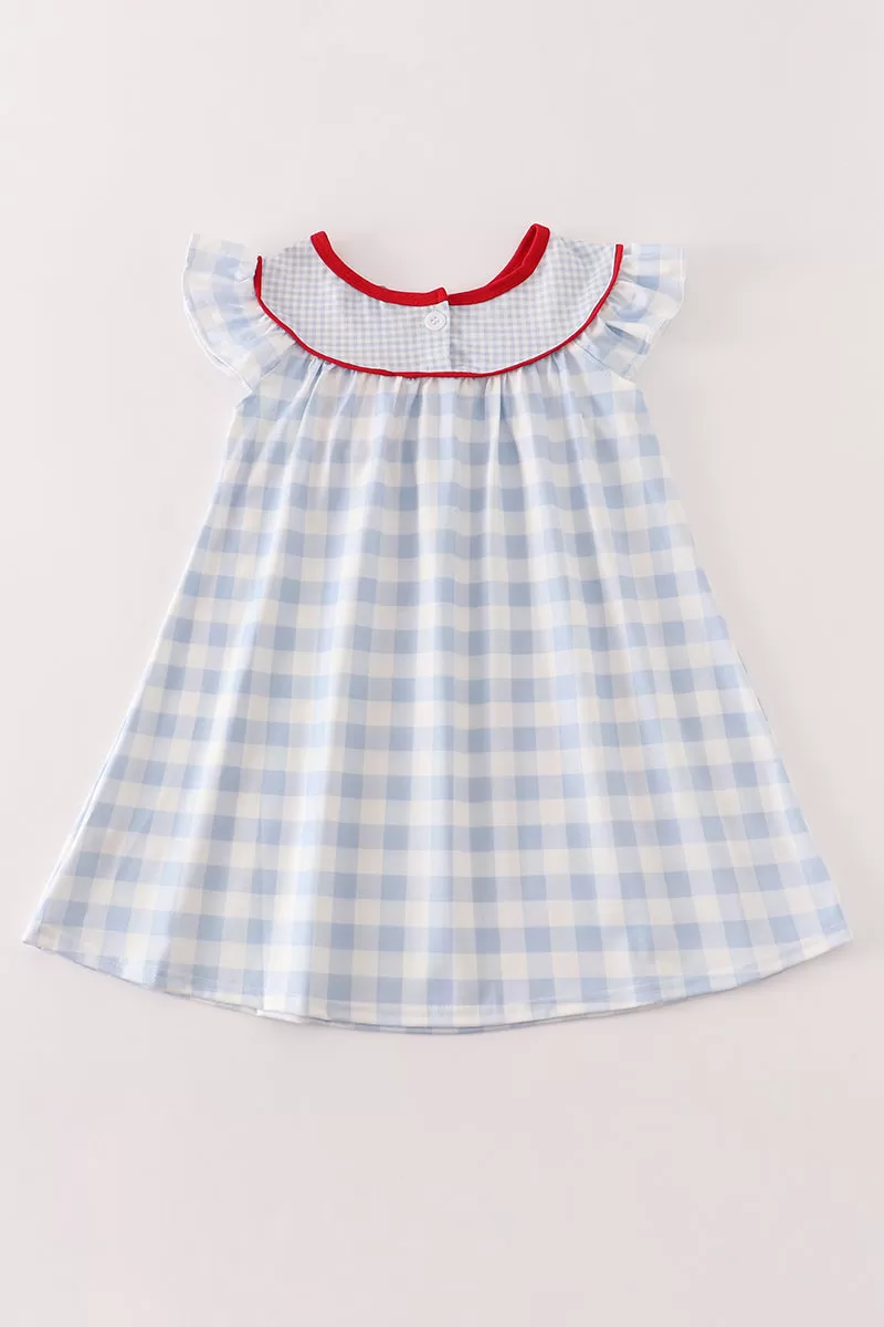 Blue apple embroidery plaid dress