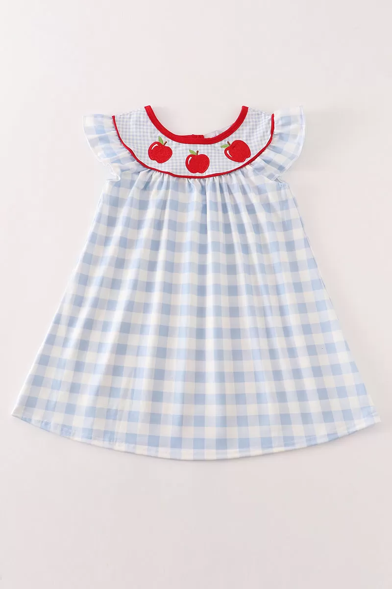 Blue apple embroidery plaid dress