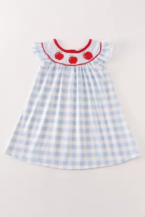 Blue apple embroidery plaid dress