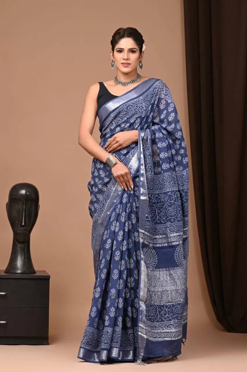 Blue Bagru Linen Saree