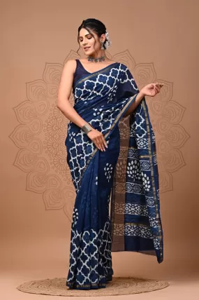 Blue Chanderi Handblock Printed Saree