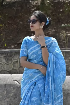 Blue Cotton Block Print Saree