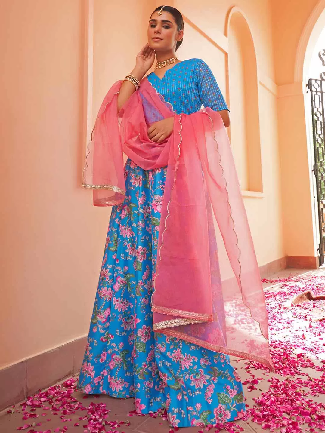 Blue Crepe Silk Digital Floral Printed Lehenga Choli With Dupatta