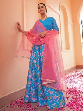 Blue Crepe Silk Digital Floral Printed Lehenga Choli With Dupatta