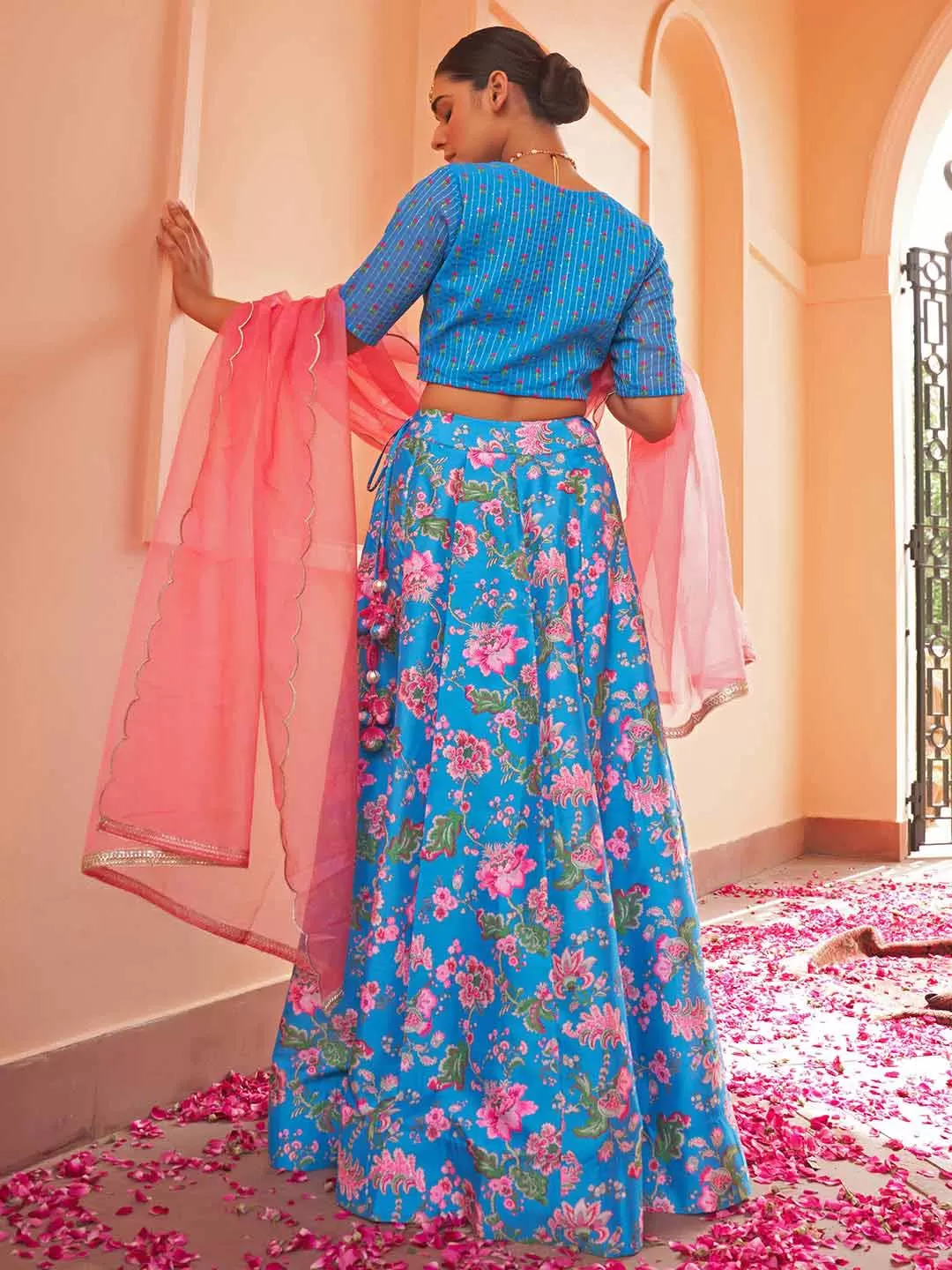 Blue Crepe Silk Digital Floral Printed Lehenga Choli With Dupatta