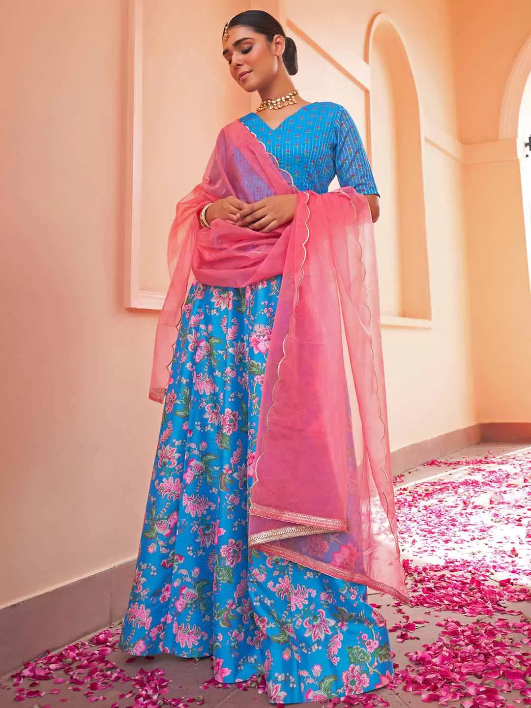 Blue Crepe Silk Digital Floral Printed Lehenga Choli With Dupatta