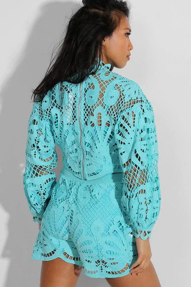 Blue Crochet Lace Overlay Balloon Sleeves Crop Top And Shorts Set