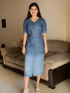 Blue Denim Solid Straight Western Dress