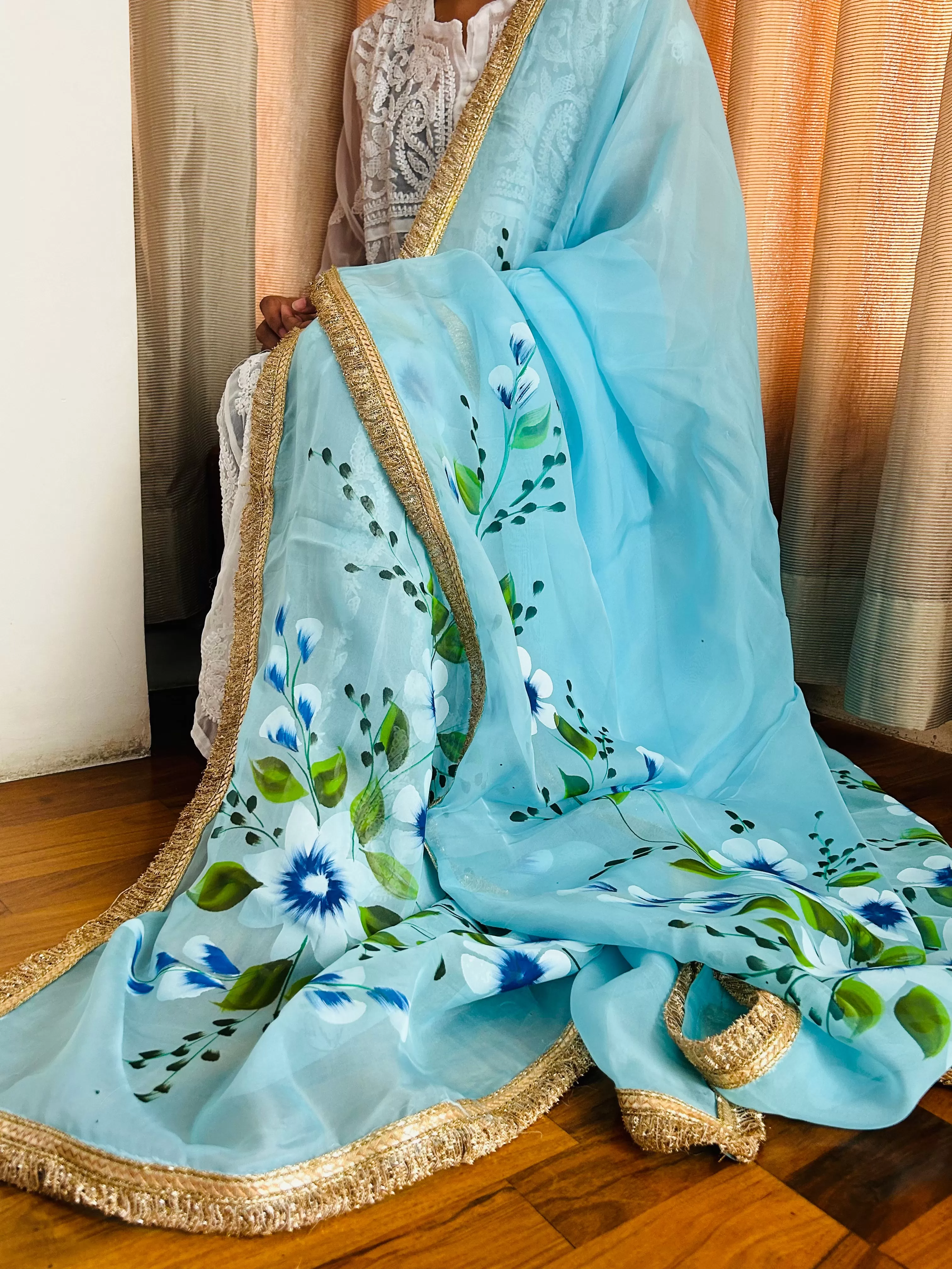 Blue Designer Organza Dupatta