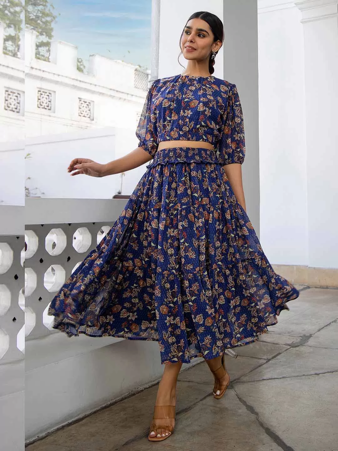 Blue Georgette Floral Co-ord Set