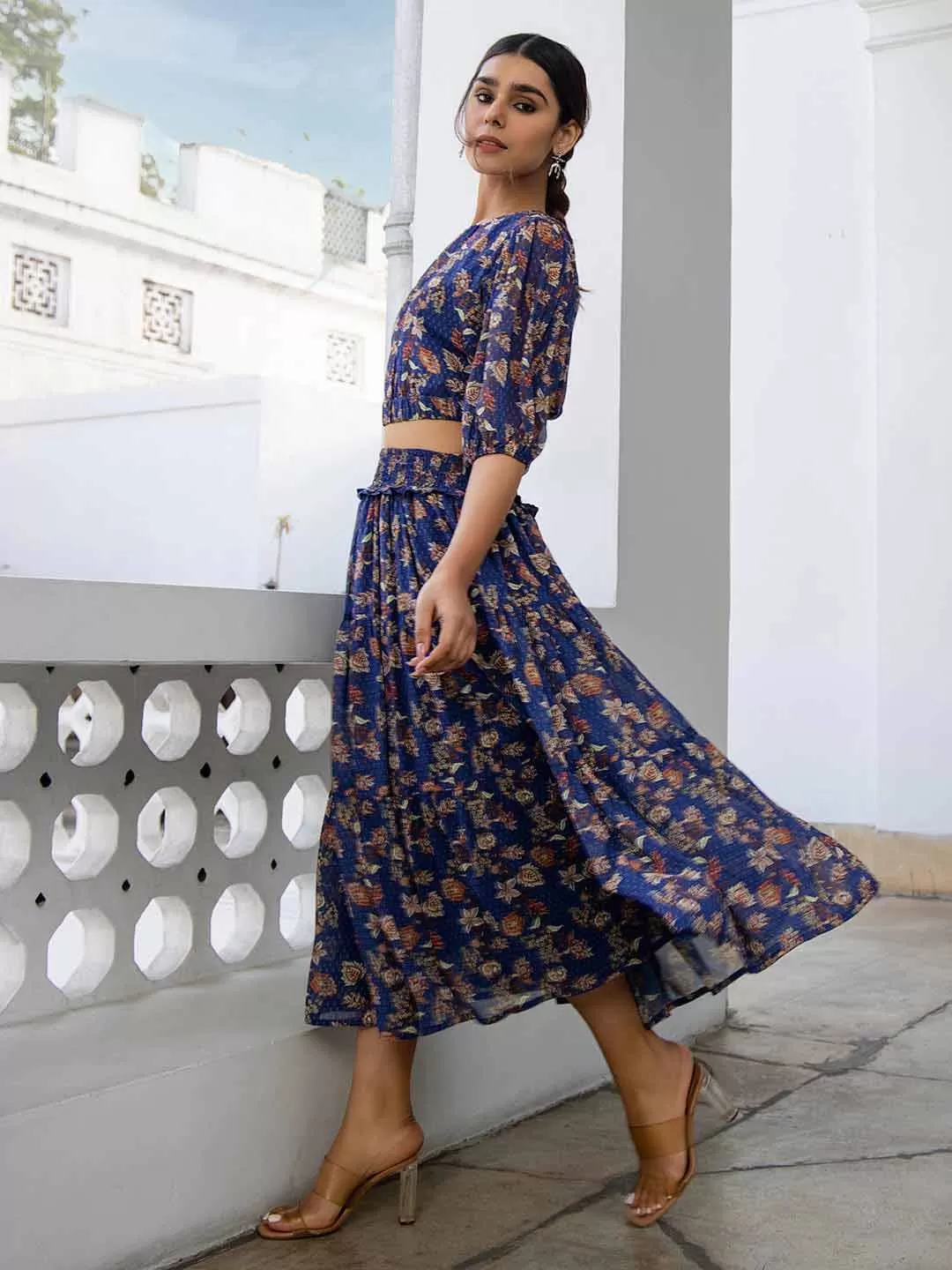 Blue Georgette Floral Co-ord Set