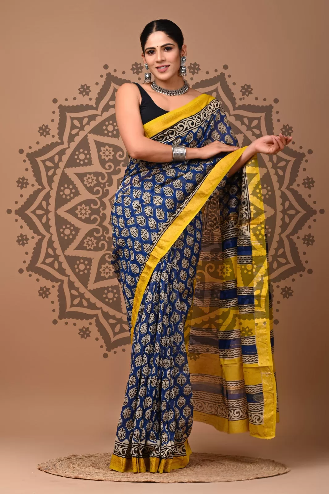 Blue Maheshwari Bagru Hand Print Saree