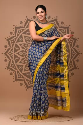 Blue Maheshwari Bagru Hand Print Saree