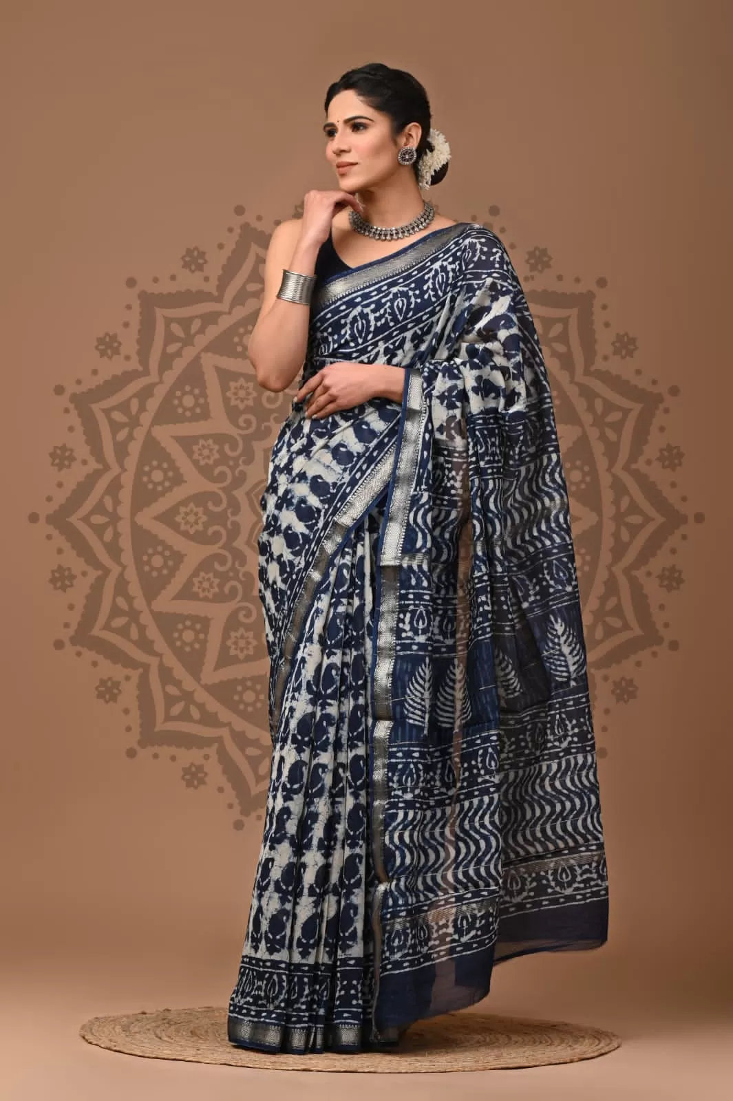 Blue Maheshwari Block Print Saree