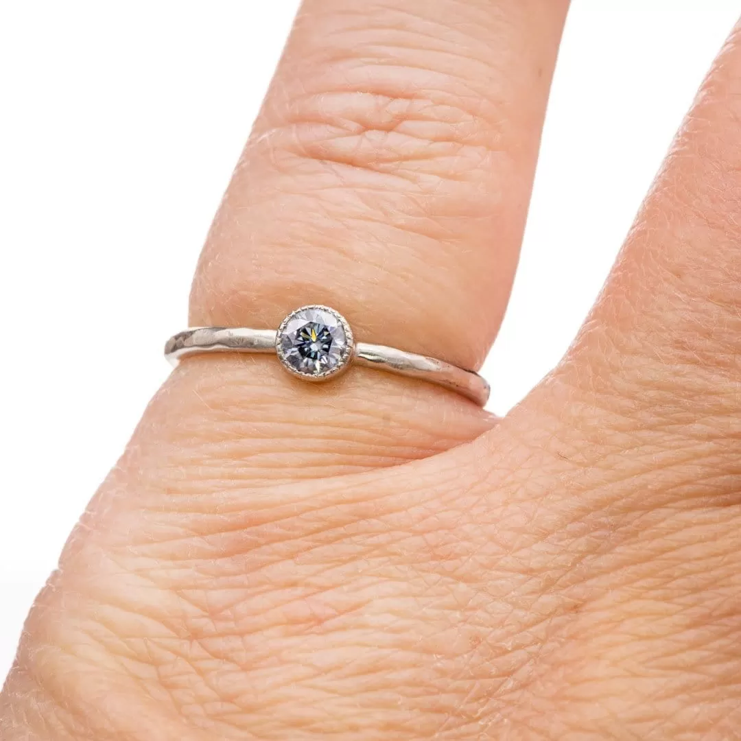 Blue Moissanite Milgrain Textured Bezel Solitaire Stacking Ring