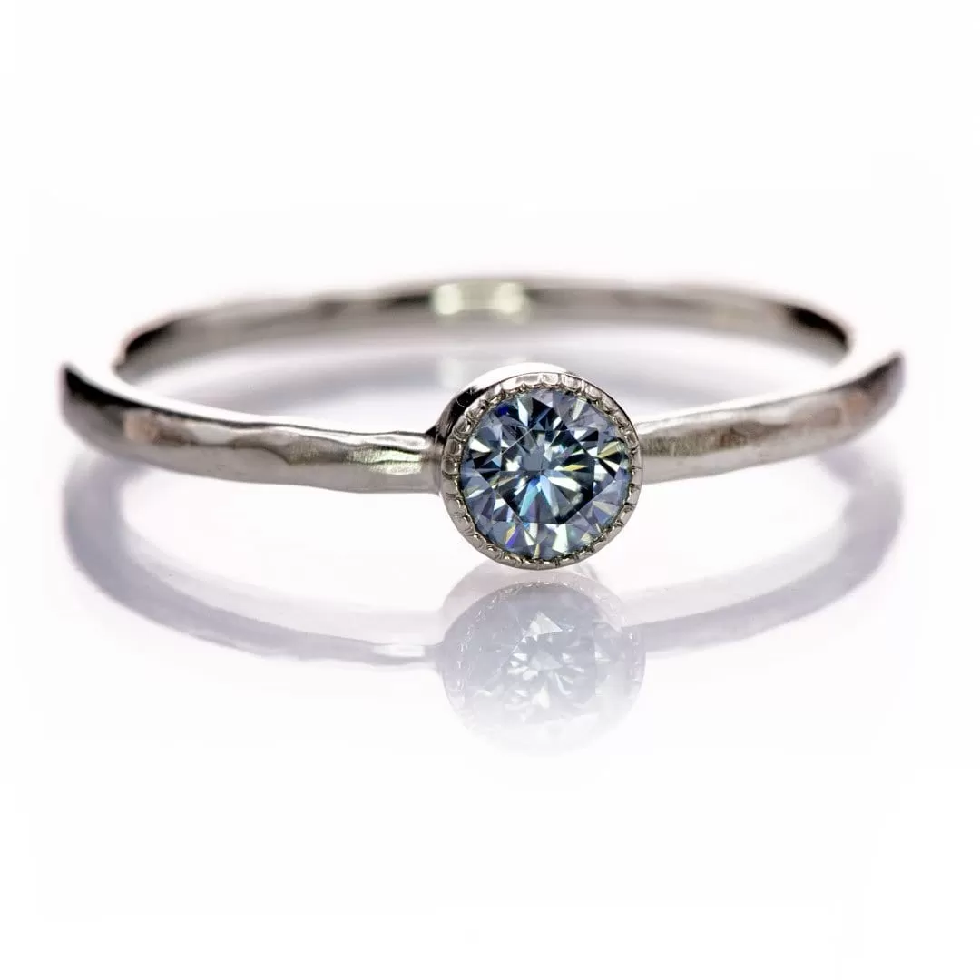 Blue Moissanite Milgrain Textured Bezel Solitaire Stacking Ring