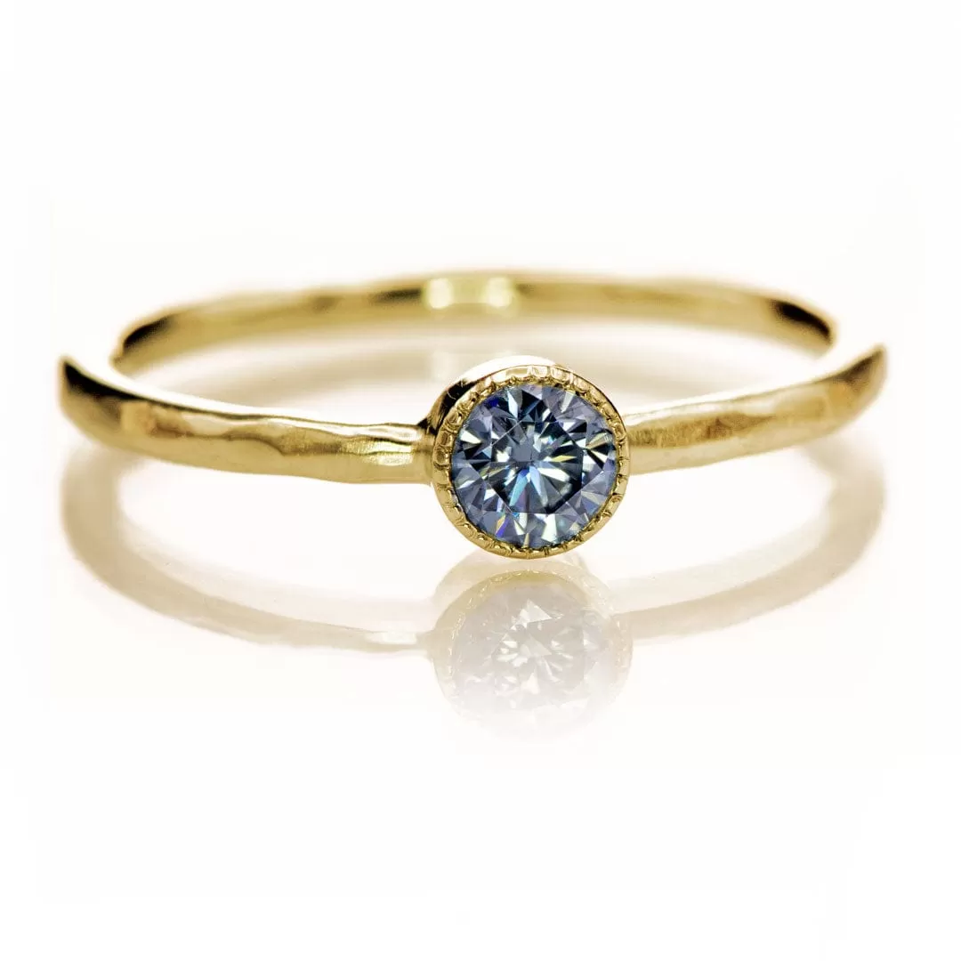 Blue Moissanite Milgrain Textured Bezel Solitaire Stacking Ring