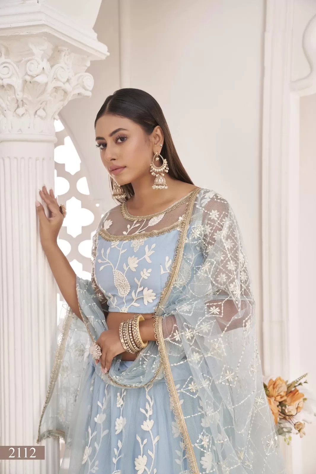 Blue Net Thread Work Lehenga (Semi - Stitched)