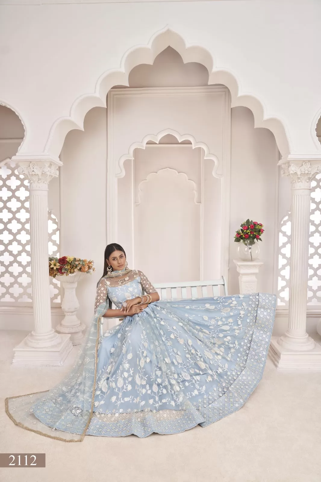 Blue Net Thread Work Lehenga (Semi - Stitched)