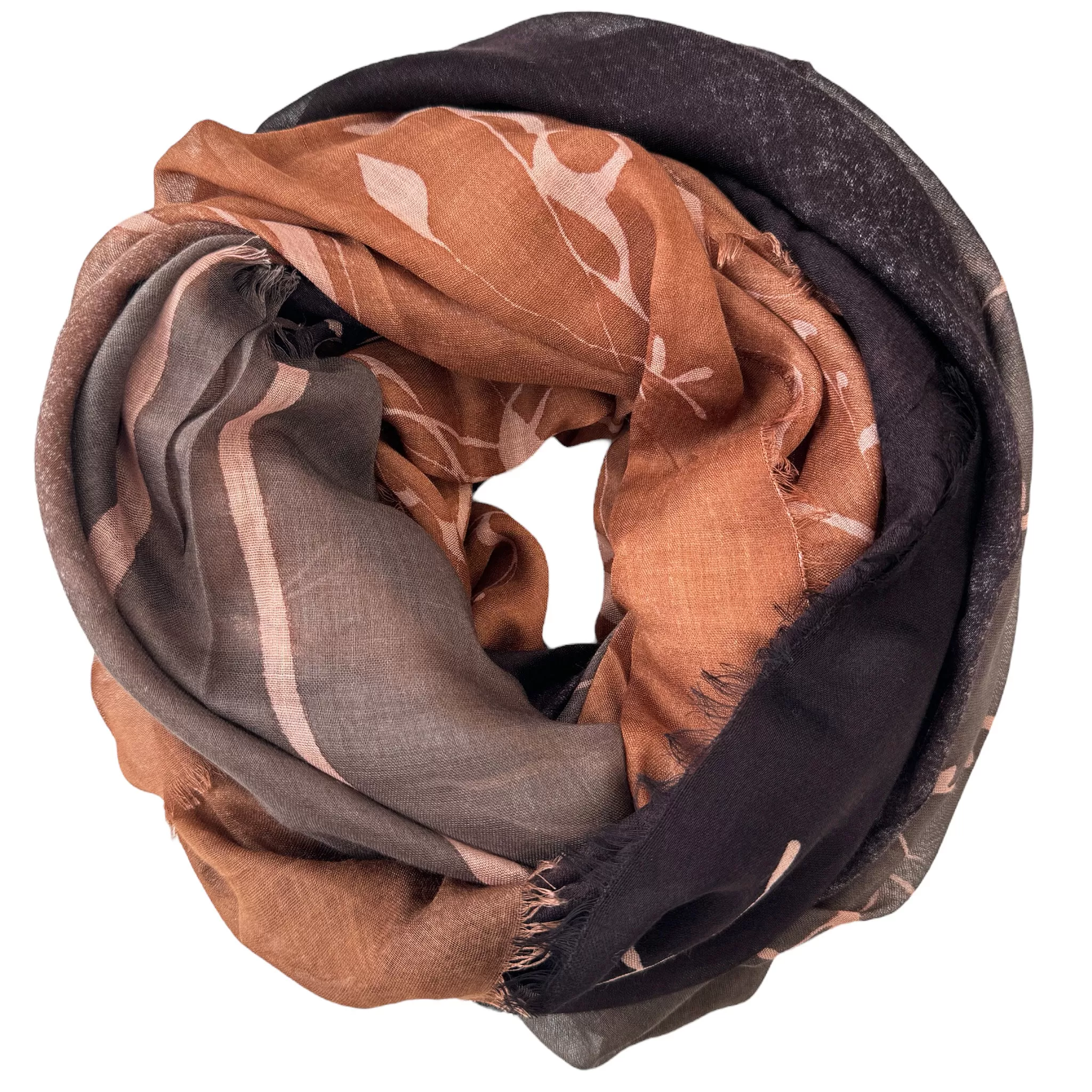 Blue Pacific Tree Print Cashmere and Silk Scarf in Dark Coffee and Black