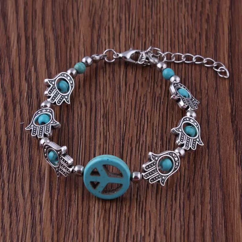 Blue Peace Sign Hamsa Bracelet