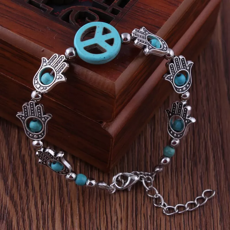 Blue Peace Sign Hamsa Bracelet