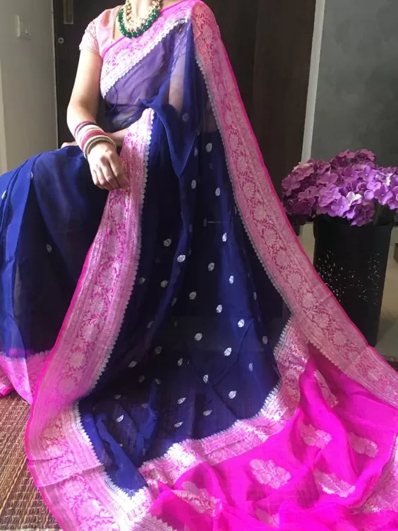 Blue Pink Khaddi Banarasi Chiffon Jaal Saree