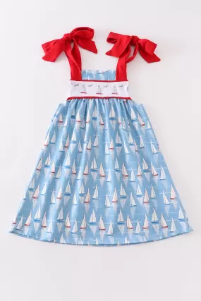 Blue sailboat embroidery dress