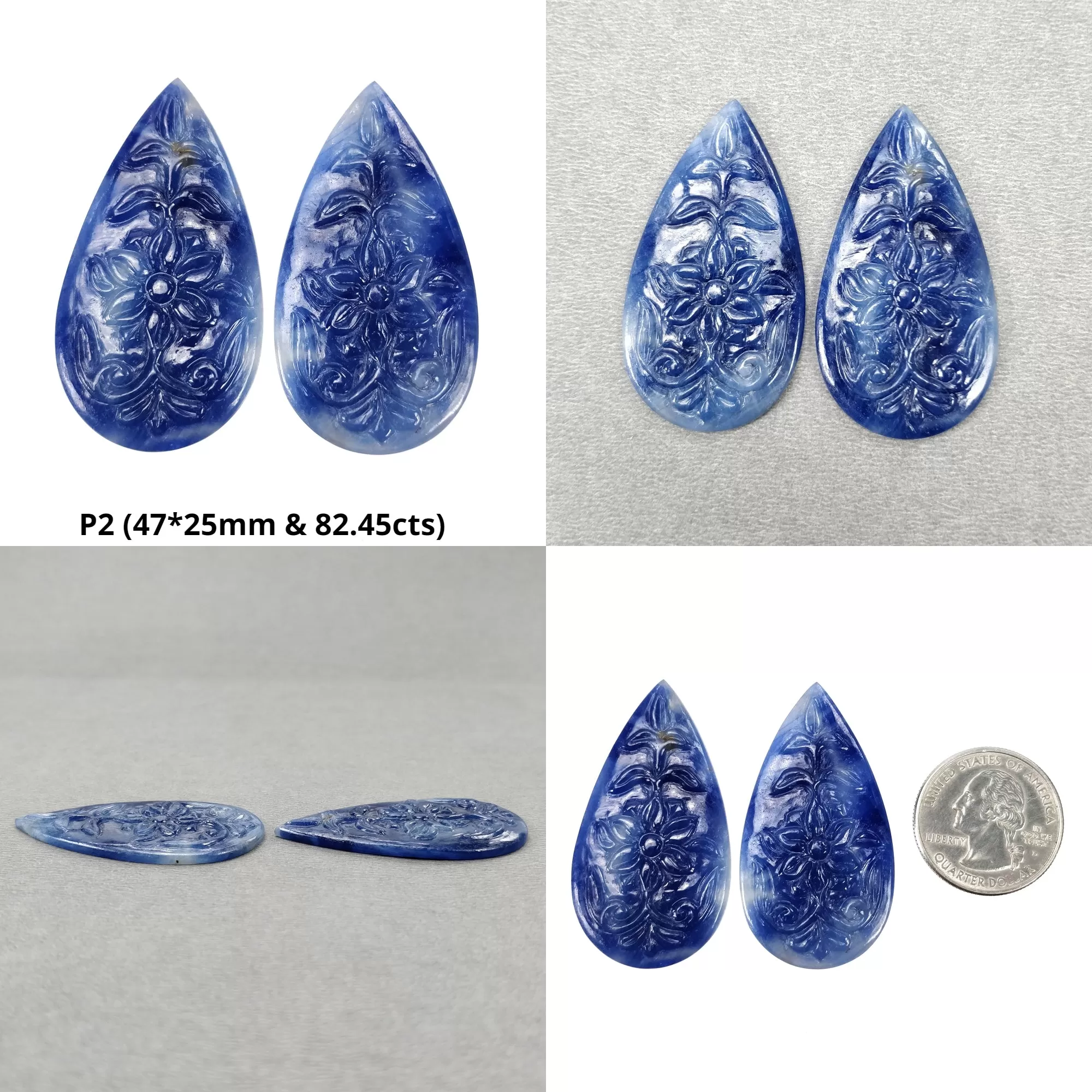 Blue Sapphire Gemstone Carving : Natural Untreated Unheated Blue Sapphire Hand Carved Pear Shape Pair