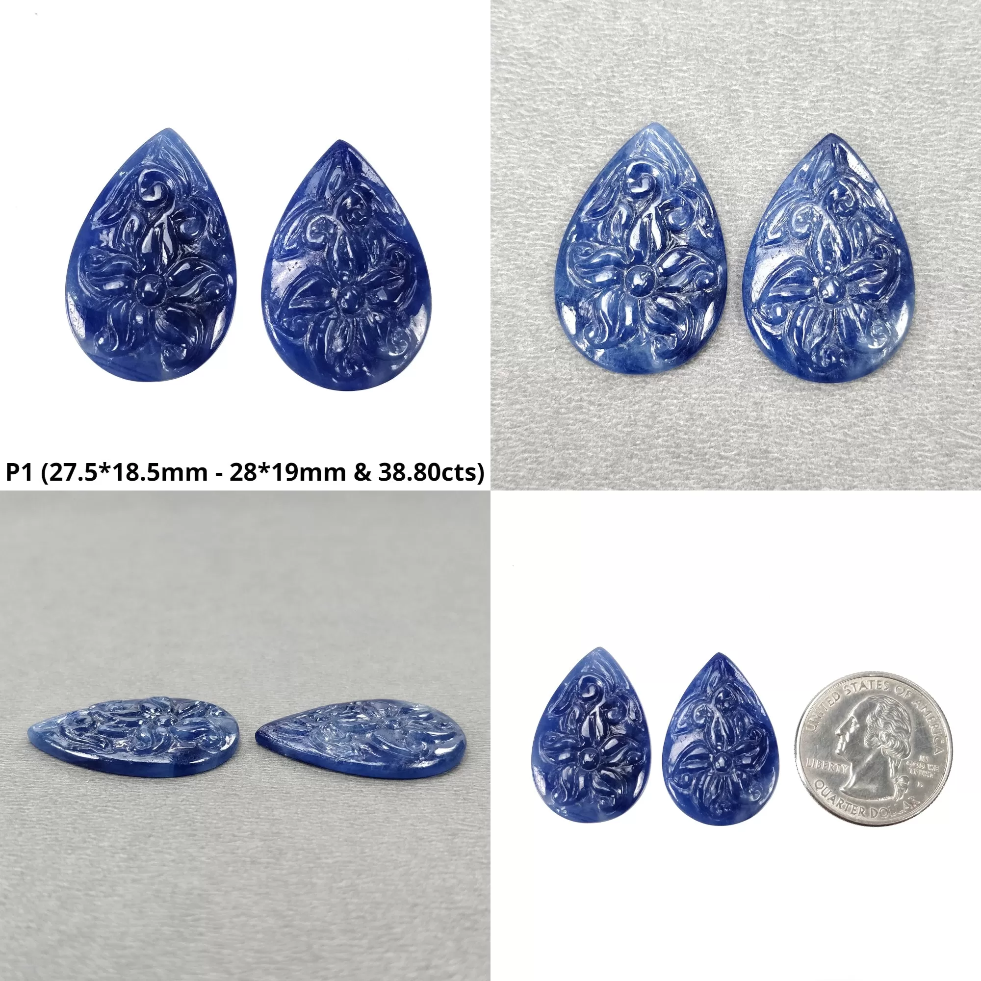 Blue Sapphire Gemstone Carving : Natural Untreated Unheated Blue Sapphire Hand Carved Pear Shape Pair