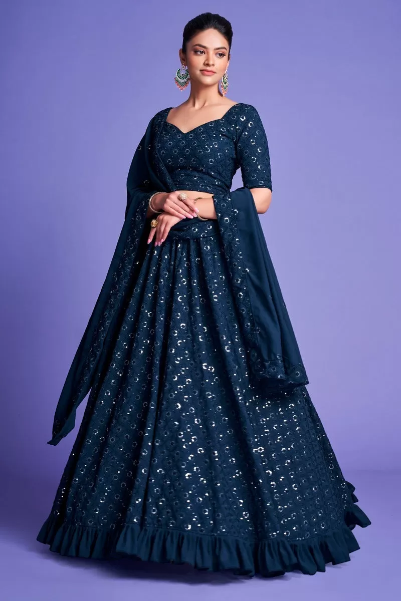 Blue Sequins Embroidery Lehenga (Semi Stitched)