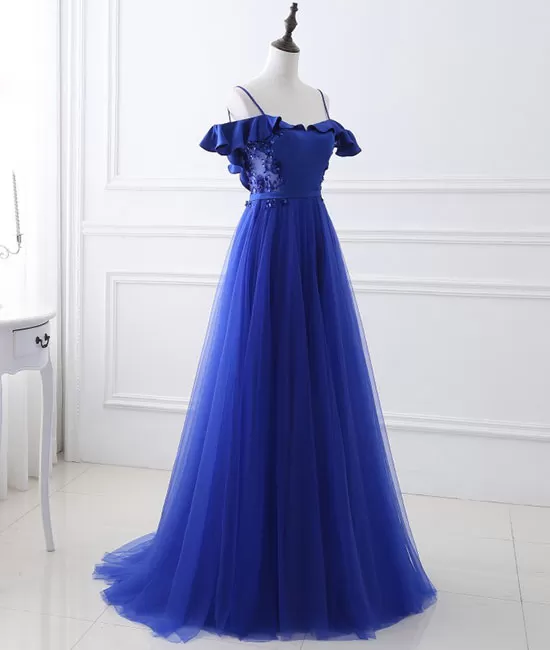 Blue tulle off shoulder long prom dress, blue evening dress