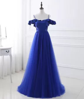 Blue tulle off shoulder long prom dress, blue evening dress