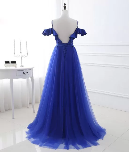 Blue tulle off shoulder long prom dress, blue evening dress