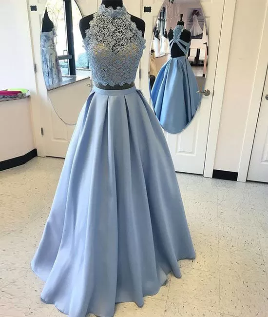 Blue two pieces lace long prom dress, blue lace evening dress