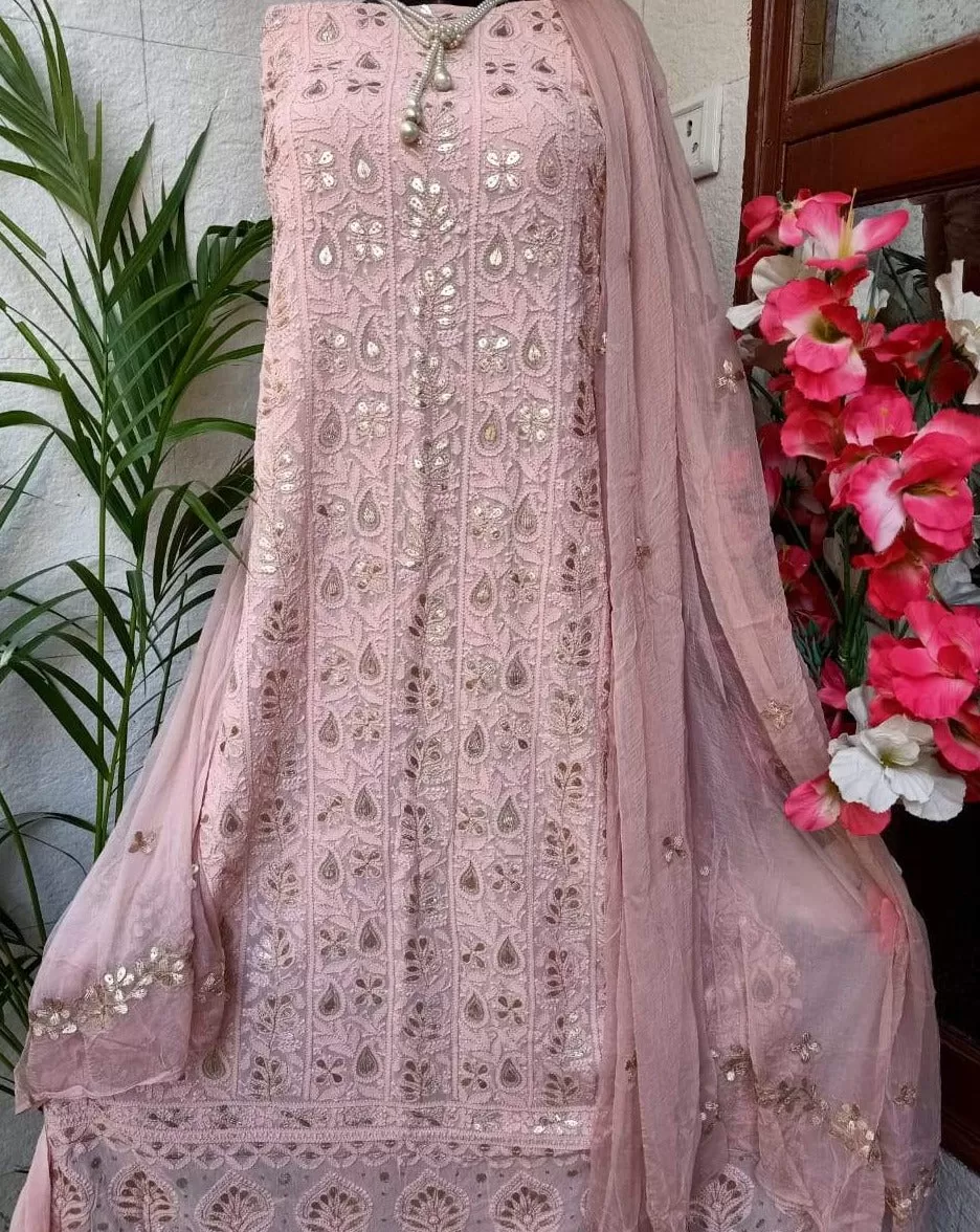 Blush Pink Designer Fancy Pure Chikankari Gota Salwar Suit Dress Material