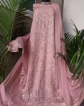 Blush Pink Panel Lucknowi Chinkari Georgett Gota Patti Salwar Suit Fabric Material(Unstitched)