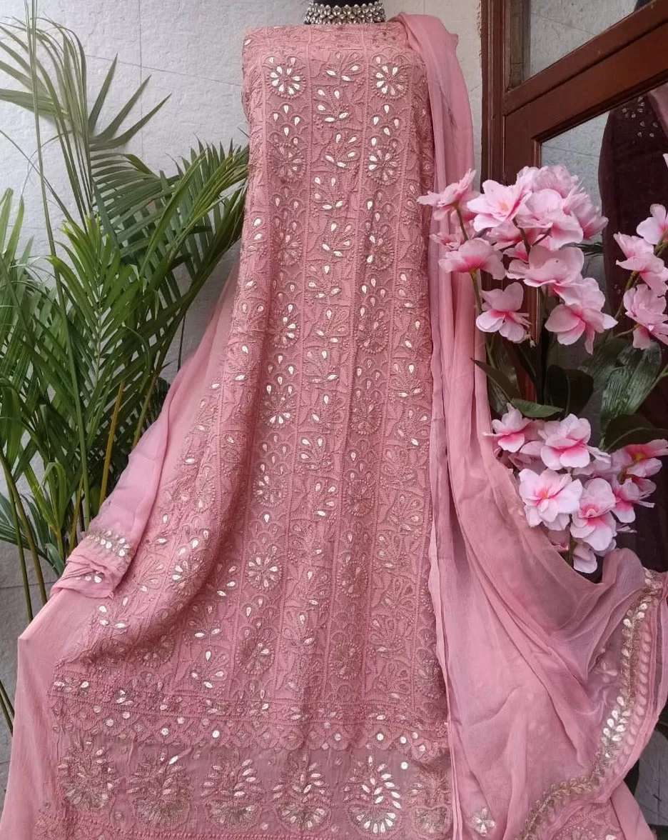 Blush Pink Viscose Salwar Suit with Chikankari and Gota embroidery unstitched