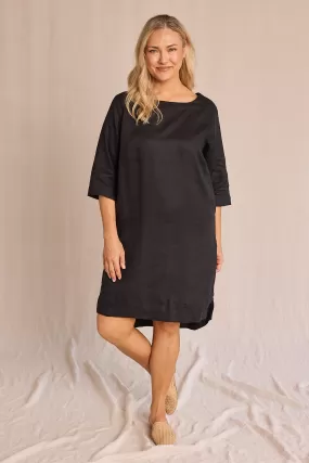 Boatneck Linen Shift Dress in Black